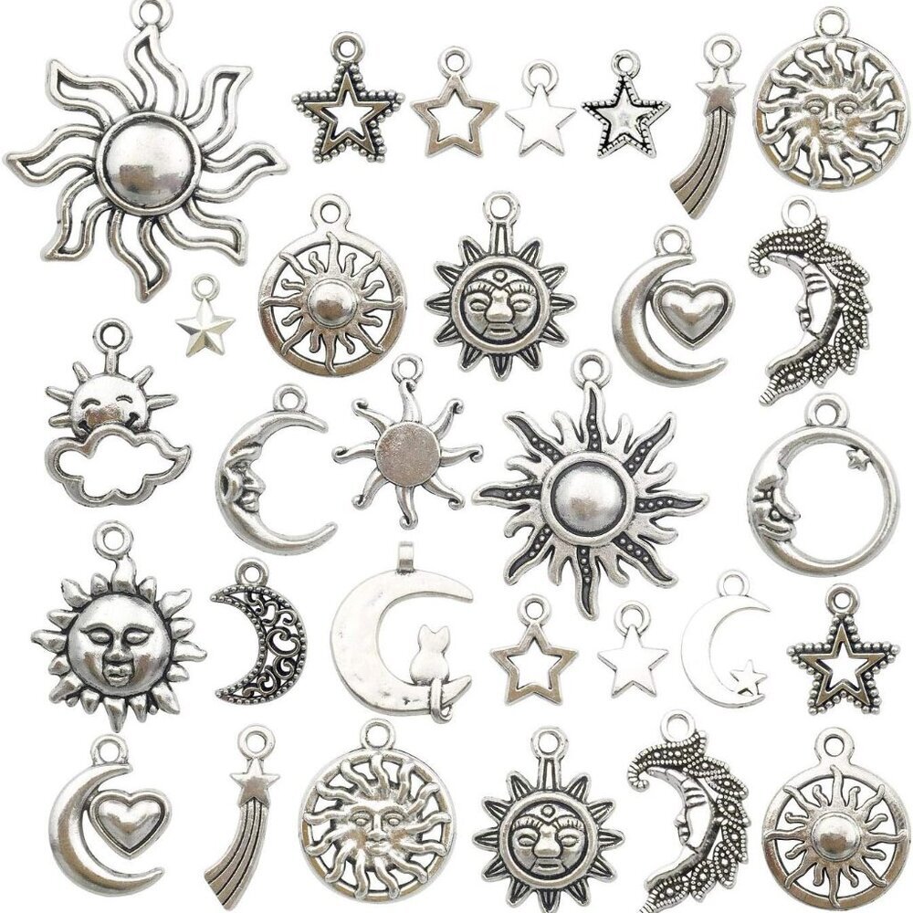 100g80pcs Craft Supplies Mixed Antique Silver Sun Moon Stars Charms Pendants for